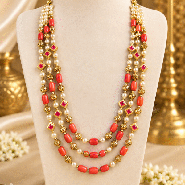 3 layered Kundan coral beads haram